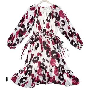 Calvin Klein Long Sleeve Floral Dress Sz 4 V-Neck Chiffon Lined Ruched Waist